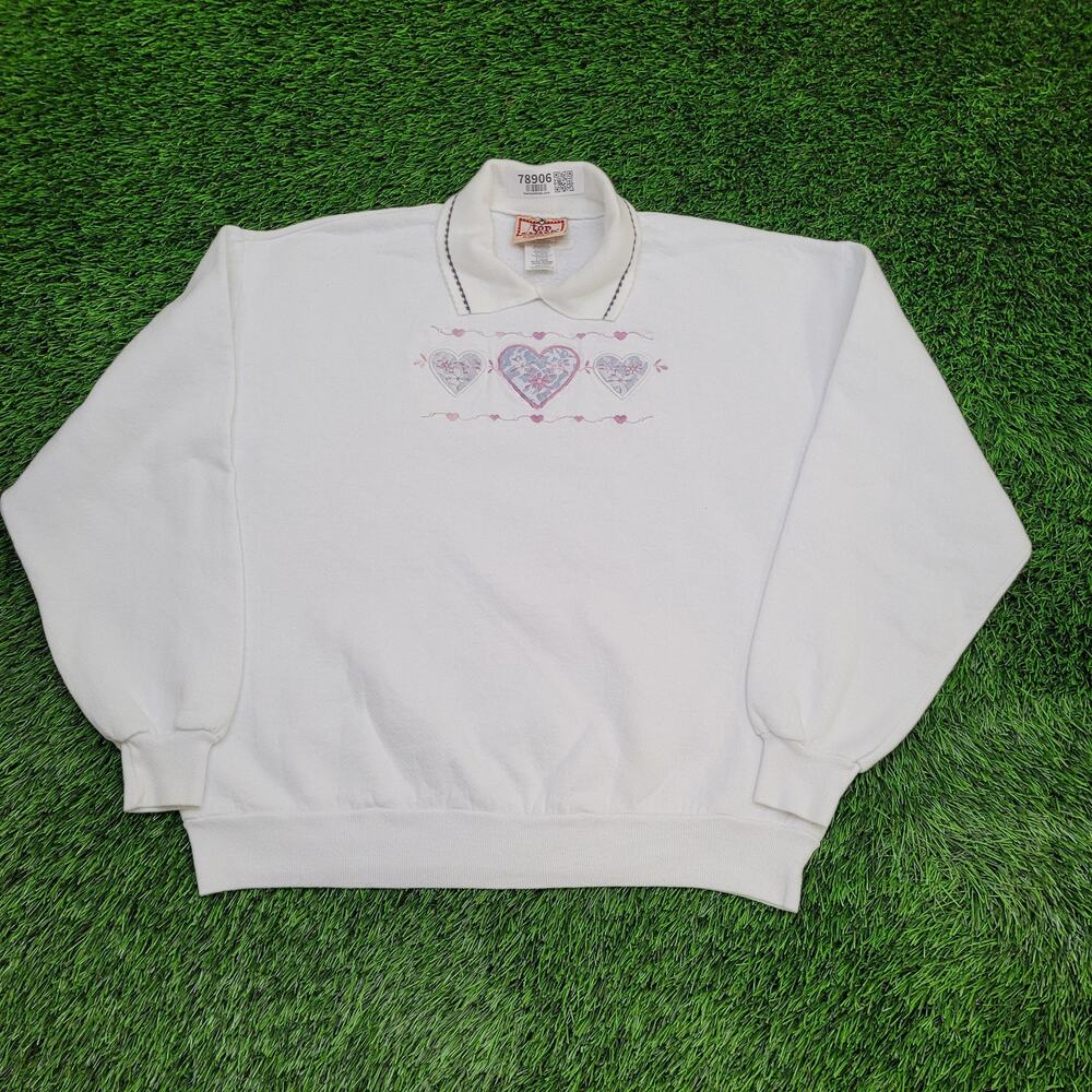 Vintage 80s Flower Heart Collared Sweatshirt Women XL 23x24 USA
